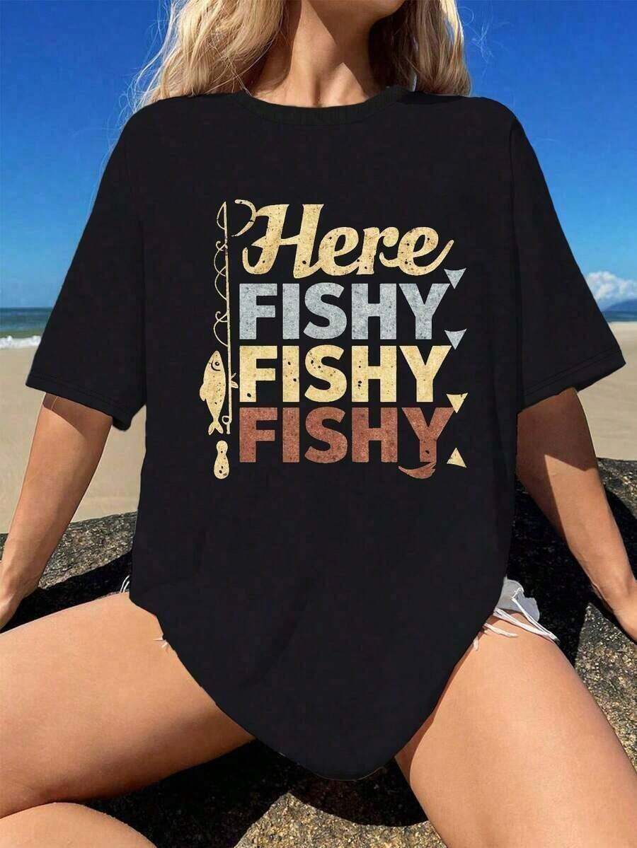 Women's Summer Short Sleeve "Here Fishy Fishy Fishing" Graphic Print T-Shirt, 180g Pure Cotton Oversized Tee, Vintage Retro Style, Fishing Lover Gift, Great For Beach, Back To Sc - Back - View 1