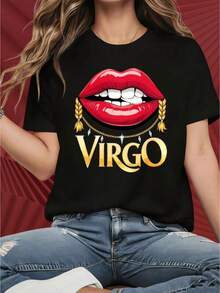 Women's Short Sleeve Crew Neck T-Shirt, Virgo Zodiac Sign Lips Design, Fashion Graphic Tee For Women, Black Casual Wear, Astrology Inspired Top, Fun Print, Suitable For Christmas Parties, Sports Activities, Holiday Parties, Outings, Sports And Other Christmas Gifts (220g). - 黑色 - 查看 1
