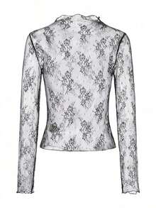 Blusa negra sexy de manga larga con encaje elástico para mujer , con cuello alto, patrón floral transparente, elegante y con capas, ideal para primavera-verano, resort y citas - Blanco y Negro - Ver 3