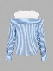 Nueva llegada Camisa de manga larga a rayas azul claro cómoda y casual para uso diario, blusa elegante y de moda de manga larga con hombros descubiertos - Azul y blanco - Ver 4