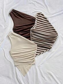 3 piezas Conjunto informal de verano de 2 piezas para mujer con parte superior de hombro asimétrico y bajo asimétrico, adecuado para volver al colegio, té de la tarde, casual, invitada a boda en la playa, brunch de graduación, Día de San Patricio, - Multicolor 7 - Ver 2