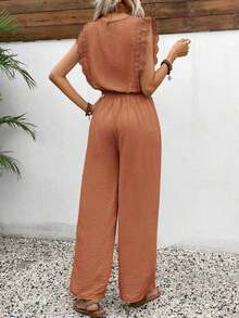 Conjunto de 2 piezas de blusa con ribete de encaje de unicolor y pantalones de pierna ancha para mujer, casual para vacaciones y viajes, primavera/verano - Naranja Coral - Ver 2