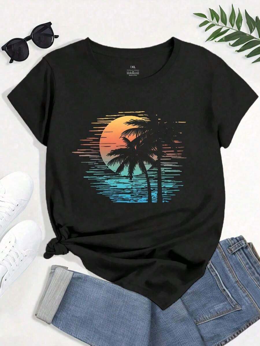 Simple And Versatile Design Women's Graphic T-Shirt With "Vacation Mode" Print, "Vacation Vibes", Weekend Shirts For Women, Cotton T-Shirt - 黑色 - 查看 1