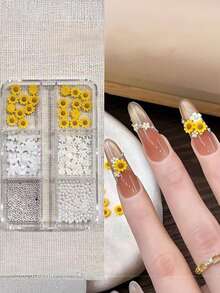 6-Grid/50PCS Summer Sunflower Nail Art Charms, 5-Petal Flower, Pearl, Steel Ball, White Rhinestone, Versatile Wearable Nail Accessories For Gel Nails - Multicolor - View 2