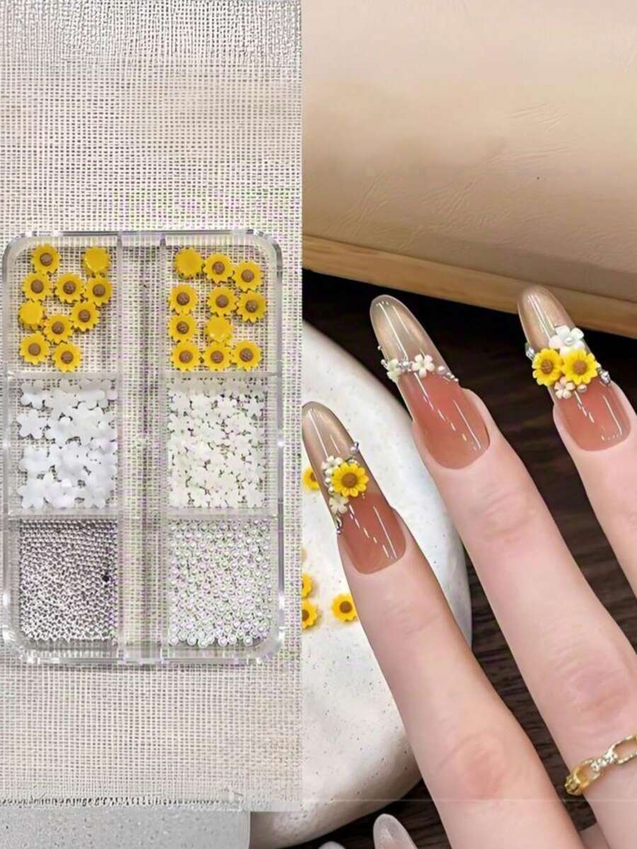 6-Grid/50PCS Summer Sunflower Nail Art Charms, 5-Petal Flower, Pearl, Steel Ball, White Rhinestone, Versatile Wearable Nail Accessories For Gel Nails