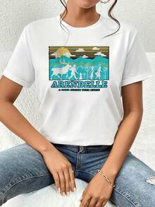 Montañas doradas con nubes y figuras caminando junto a un reno evocan un mundo mágico y aventurero lleno de esperanza y libertad camiseta de mujer  cómoda y suave para uso diario y viajes urbanos modernos - Blanco - Ver 6