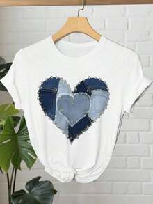 Camiseta de Mujer Moderna de Manga Corta con Cuello Redondo y Estampado de Letras de Amor - Blanco - Ver 3
