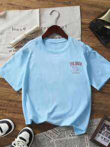 1 pieza de camiseta de verano para mujer con cuello redondo y manga corta, "THE BRIDE, EST."2026" Patrón Impreso Casual - Azul claro - Ver 2