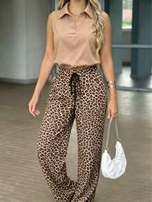 Elegant Leopard Print Casual Wide Leg Pants 2pcs Set, Collared Sleeveless Polo Shirt, Office Set Summer - Khaki - View 5
