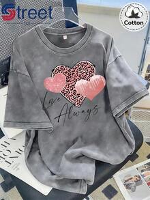 1 pieza de camiseta de manga corta de algodón lavado estilo vintage de verano, con estampado de leopardo estilo americano y corazón brillante con la frase "Love Always", top de talla grande para mujer, corte holgado con hombros caídos y cuello redondo, estilo oversize, cómoda y a la moda, versátil para uso diario, camiseta de algodón lavado estilo Y2K para mujer, 180g Algodón 100%. - Gris - Ver 1
