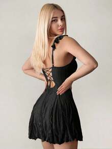 Vestido mini de línea A con parches de encaje, color albaricoque, para verano - Mostaza Amarilla - Ver 8