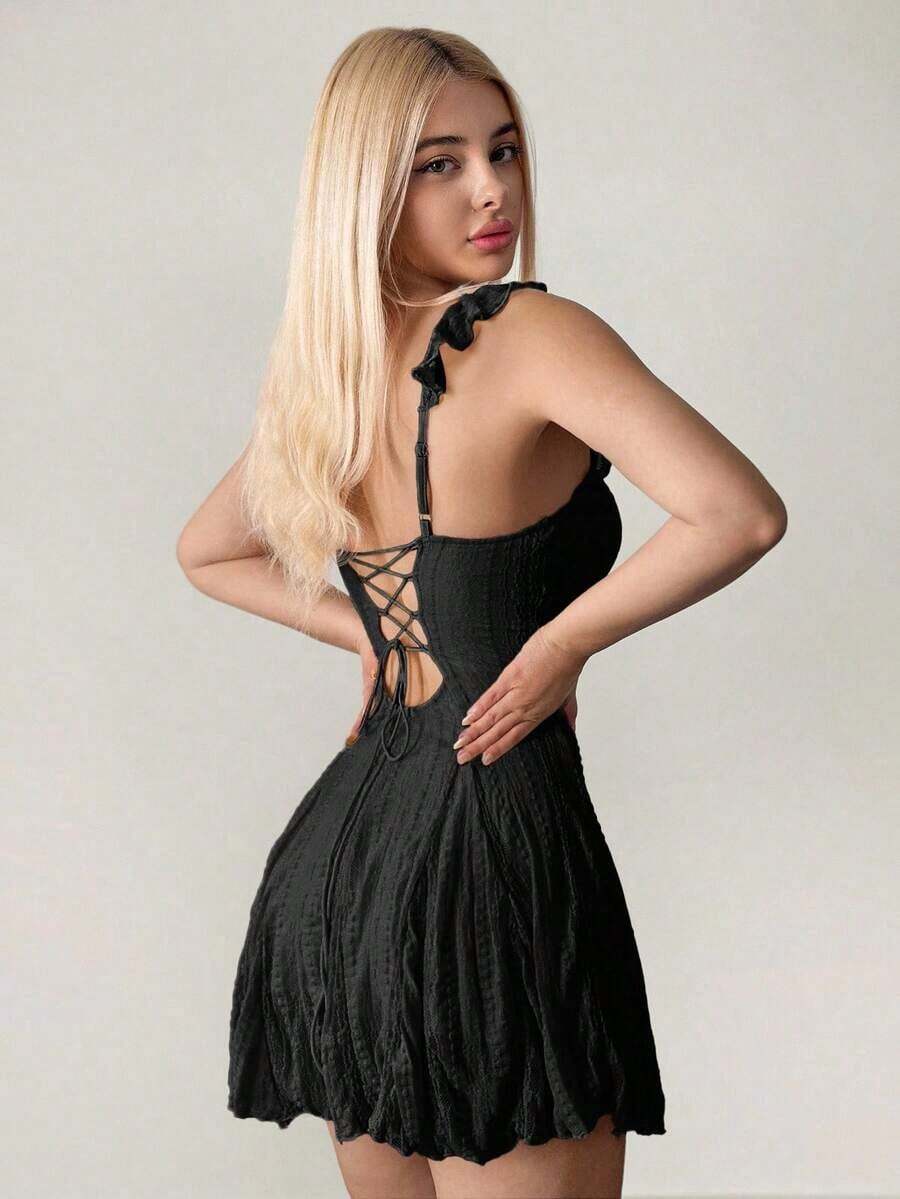Vestido mini de línea A con parches de encaje, color albaricoque, para verano - Negro - Ver 1