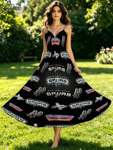 New N-BA Team Theme Women's Vacation Casual V-Neck Long Dress, 3D Print Backless Dress San Antonio Spurs Logo Pattern Print Spring/Summer Vacation Out - Style - View 3
