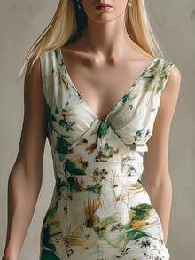 Moda retro impresión verde falda Midi blanca sin mangas de cuello V con volantes - Verde - Ver 1