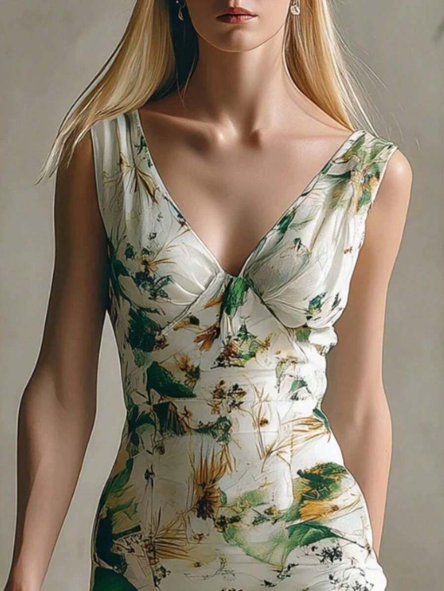 Moda retro impresión verde falda Midi blanca sin mangas de cuello V con volantes - Verde - Ver 1