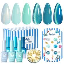 Beetles 6Colors Blue Shore Light Summer Cat Eye Gel Nail Polish Set, Mint Green Lyons Blue Nail Gel With Nail Art Stickers & Scrunchie, Soak Off UV DIY Manicure Kit Gift For Women - 6 Colors Shore Light - 查看 1