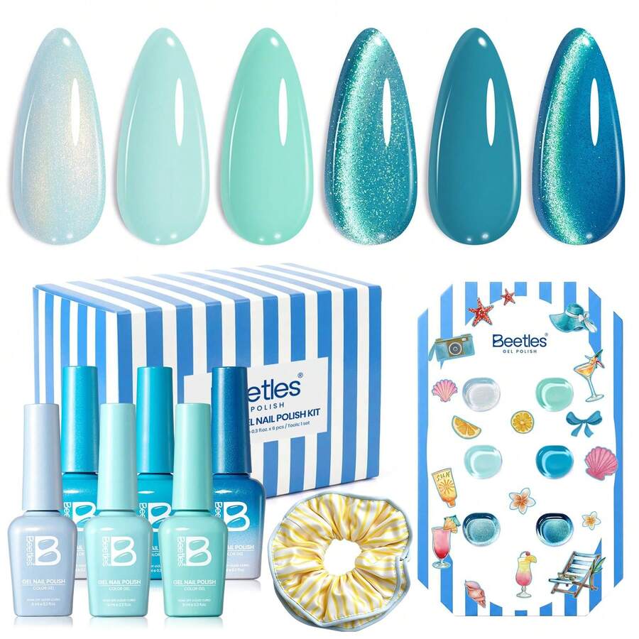 Beetles 6Colors Blue Shore Light Summer Cat Eye Gel Nail Polish Set, Mint Green Lyons Blue Nail Gel With Nail Art Stickers & Scrunchie, Soak Off UV DIY Manicure Kit Gift For Women - 6 Colors Shore Light - 查看 1