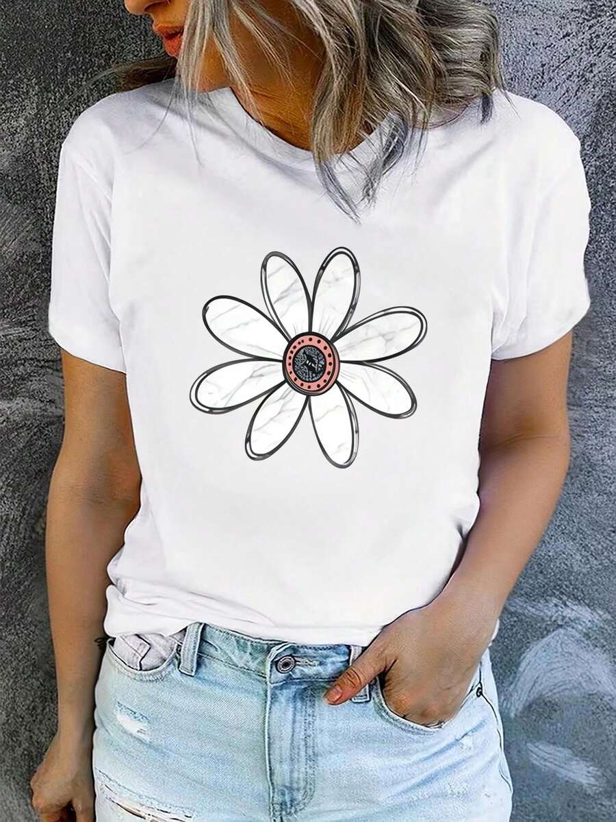 Camiseta de verano para mujer, blanca, de cuello redondo, manga corta y estampada, disponible en varios estilos, tallas S-XXXL, hecha de algodón puro y lavable a máquina. ATLJ - Blanco_08 - Ver 1