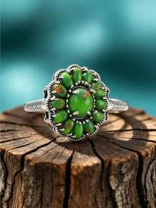 1枚女士波西米亚复古绿松石花朵戒指，时尚饰品，适合日常佩戴、派对和特殊场合（无包装盒） - 綠色 - 查看 6