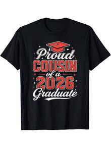 S Class Of 2026 Proud Cousin Graduation TShirt Red & White Grad & Diploma Print Casual Short Sleeve Round Neck Tee For 2026 Graduate Party Family Events Comfortable Cousin Gift Apparel SamSame Style For Men And Women 2025 Summer Short-Sleeved Printed - 黑色 - 查看 1