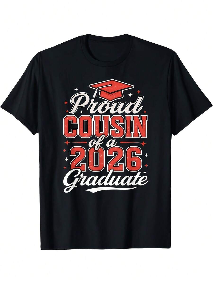 S Class Of 2026 Proud Cousin Graduation TShirt Red & White Grad & Diploma Print Casual Short Sleeve Round Neck Tee For 2026 Graduate Party Family Events Comfortable Cousin Gift Apparel SamSame Style For Men And Women 2025 Summer Short-Sleeved Printed - 黑色 - 查看 1