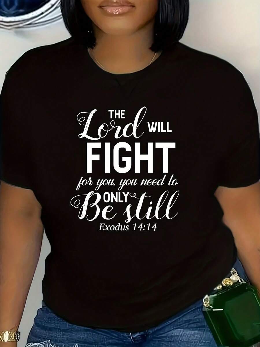 Plus Size - Women's Plus Size T-Shirt With Bible Verse Exodus 14:14 - "The Lord Will Fight For You" Christian Faith Clothing, Crew Neck Short Sleeve Casual, Comfortable Fit For All Seasons With Inspiration, Women's Clothing - 黑色 - 查看 1