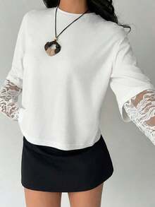 Women's Solid Color T-Shirt With Minimalist Lace Sleeves For Everyday Wear - 白色的 - 查看 5