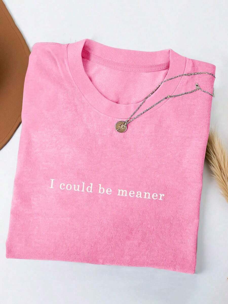 Camiseta casual de uso diario versátil con cuello redondo y estampado de eslogan para mujer de talla grande - Rosa - Ver 1