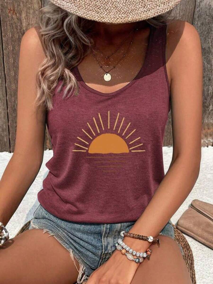 Women's Sunset Print Round Neck Casual Tank Top, Summer Summer Rose Red Sleeveless Vest - Màu Hồng Tươi - Xem 1