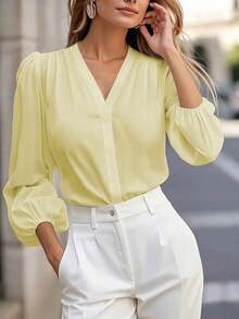 Blusa de mujer de unicolor con cuello en V y manga larga, elegante y esencial para el trayecto de primavera - Amarillo - Ver 2