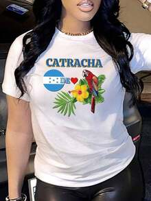 Women's Short-Sleeved T-Shirt, Casual Summer Style, With Round Neck, Catracha Design, Knitted Fabric, Regular Length, Appliqué Detail, Graphic Print, Ideal For Spring, Autumn And Summer. - 白色 - 查看 1