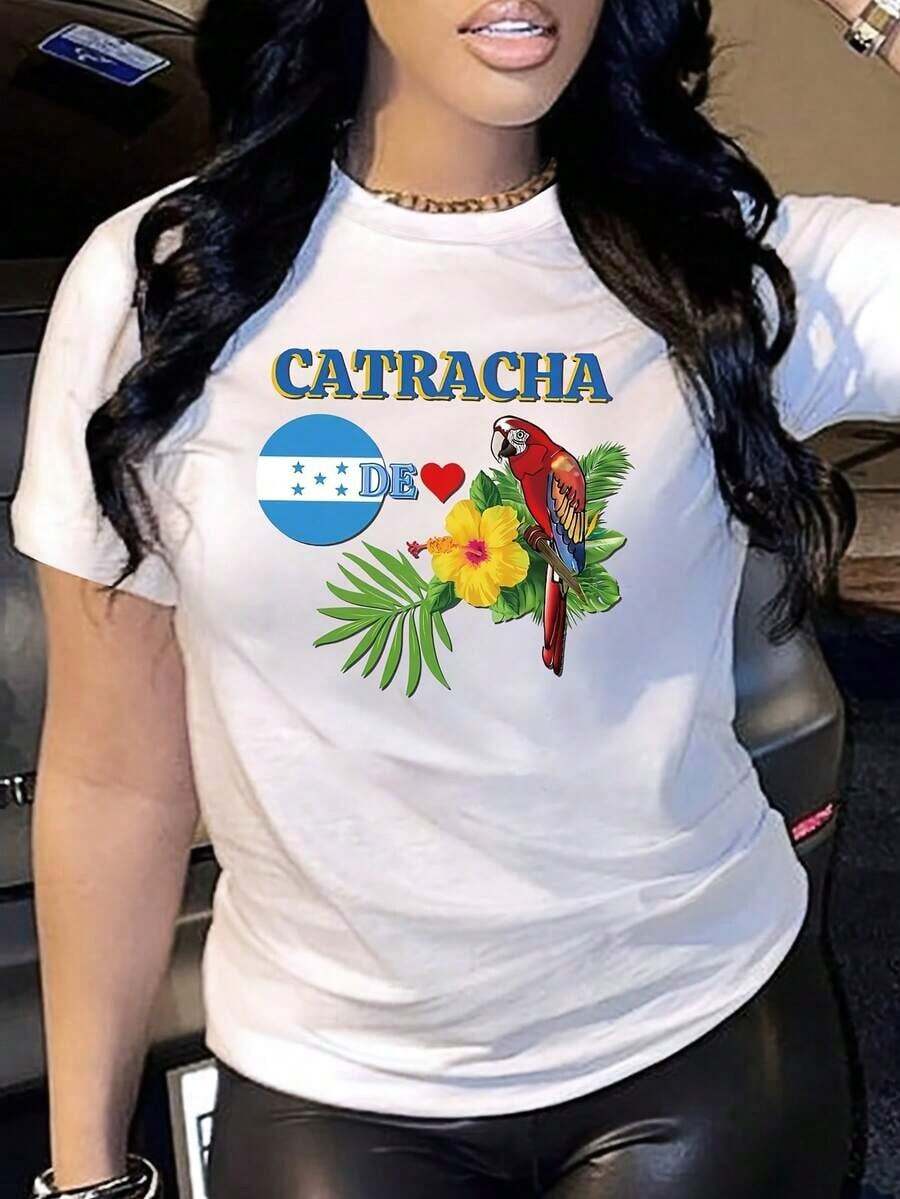 Women's Short-Sleeved T-Shirt, Casual Summer Style, With Round Neck, Catracha Design, Knitted Fabric, Regular Length, Appliqué Detail, Graphic Print, Ideal For Spring, Autumn And Summer. - 白色 - 查看 1