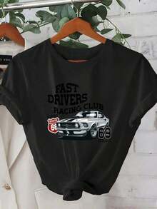 1 Piece Women's Summer Short Sleeve T-Shirt | Classic Racing Car Print With 2D Geometric Design, Classic 69 Design | Urban Casual Style | Youthful Design | Comfortable Fit, Cute Short Sleeve T-Shirt. - 黑色 - 查看 7