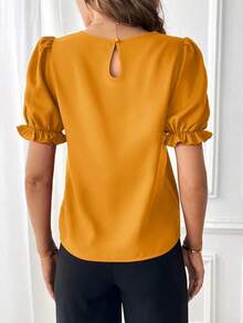 Blusa con mangas abullonadas, blusas de manga corta - Amarillo Mostaza - Ver 2