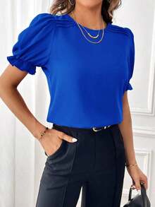 Blusa con mangas abullonadas, blusas de manga corta - azul real - Ver 3