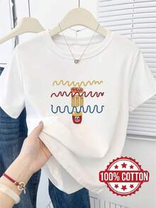 TH451 New Women's T-Shirt, Colorful Cartoon Line Print And French Fries Design, Fashionable Casual T-Shirt, 100% Round Neck And Short Sleeve, Sweat-Absorbent And Breathable, Casual Loungewear, Comfortable, Stylish And Chic, Spring, Summer - 白色 - 查看 8