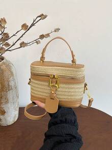 2026 New French Retro Straw Woven Contrast Color Patchwork Handbag, Shoulder Bag, Tote Bag, Large Capacity, Zipper Closure, Suitable For Beach, Vacation, Commute, Travel, Nature Style, Elegant Charm For Women - Khaki - View 6
