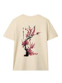 Women's Loose-Fitting Japanese-Style Cherry Blossom Print T-Shirt, 100% Cotton, Breathable, Round Neck, Short Sleeve, Y2K Streetwear, Suitable For Spring Outings, Urban Walks And Casual Daily Wear, Summer Pink Color. - 杏色 - 查看 2