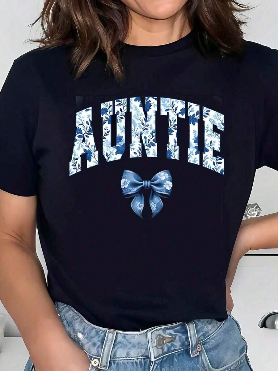 Camiseta de manga corta para tía, regalo para tía, camiseta divertida para tía, camiseta de tía para mujer, camiseta oversize 100% algodón, camisetas estampadas para mujer, camisetas de colores cómodas, camiseta gráfica informal, regalo para amantes, camisetas divertidas de manga corta para verano. - Negro - Ver 1