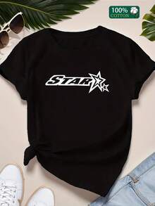 Size - Women's Casual T-Shirt With Ribbed Crew Neck And Short Sleeves - 100% Cotton, Graphic Letter Print, Regular Fit, All-Season Comfort, Versatile For Home, Leisure, Unpadded, Sizes S-3XL - 黑色 - 查看 2