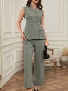 Conjunto de ropa casual y profesional de ajuste delgado para primavera y verano, con top corto y pantalones rectos, estilo elegante de "old money" para mujer, conjunto de ropa casual de negocios para mujer - Verde - Ver 7