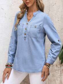 Camisa Vaquera De Manga Larga Con Cuello Con Muescas Para Mujer - Azul - Ver 4
