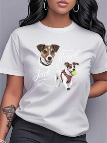 Women's T-Shirt Made Of Pure Cotton, Casual Loose Style, With Jack Russell Terrier Print, Short Sleeves And Round Neck, Unique And Fashionable, Versatile For Casual Wear At Home, Outings And Sports, Ideal As A Gift For A Girlfriend. - 白色 - 查看 1