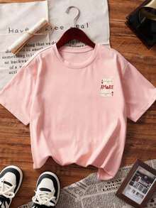1 Women's Summer T-Shirt, Loose Fit, Round Neck, Short Sleeve, With A "Queen Of Hearts" Print In Wine Red. Suitable For The Office, Going Out, Everyday Wear, Dates, Parties, Meetings, And Casual Street Style In Pink. - 糖果粉 2 - 查看 2