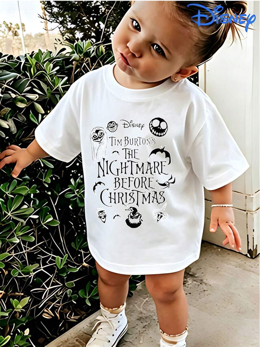 Disney Nightmare Before Christmas Jack And Sally Line Print Children's Short-Sleeved T-Shirt, New Summer Style For Boys And Girls, Breathable Pure Cotton Top, Comfortable Round Neck Shirt For Everyday Wear, Fine Workmanship At The Neckline, Not Easy To Deform, Lightweight And Breathable Fabric, Not Stuffy In Summer, Allowing Children To Spend A Cool And Comfortable Summer. - White - View 1