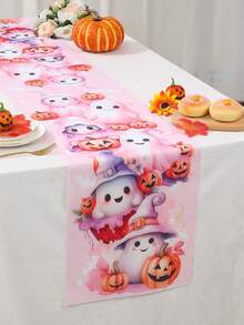 1 pieza Camino de mesa de Halloween con patrón de calabaza rosa, monstruo y floral, de 180*35cm de tela de poliéster, decoración de Halloween, decoración de mesa de fiesta de Halloween, decoración del hogar, decoración de dulces de Halloween, decoración alegre de Halloween, centro de mesa, decoración espeluznante de Halloween - Modelo E - Ver 8