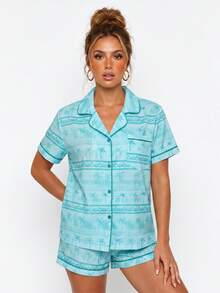 Womens Summer Pajamas Set Coconut Tree Print Button Down Short Sleeve Tops With Shorts Lounge Wear 2 Pcs Set - 藍色 - 查看 8
