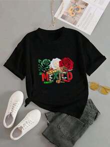 Women's Short Sleeve Blouse, One Piece, Beautiful Blouses For Women, Women's Clothing Sets, Mexico Image, 180G T-Shirt, Black And White, Floral Print, High Quality, Round Neck, Basic Fit, Loose, Breathable, Versatile, Machine Washable, Comfortable, Size S-3XL, Daily, Casual, Sporty, Summer Essential. Leisure - 黑色 - 查看 4