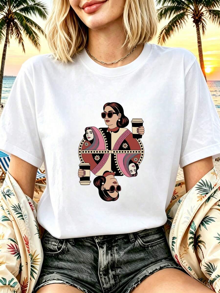 Camiseta de Mujer: Camiseta blanca de manga corta para mujer, de estilo retro y a la moda, decorada con un estampado de reina del poker, elegante y con estilo, que muestra a una mujer sosteniendo una taza de café, ropa casual de estilo urbano, atuendo clásico de verano, adecuada para salidas diarias, noches de cine y fiestas sociales. Camisetas para Mujer. - Blanco - Ver 1