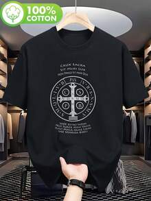 T-Shirt With St. Benedict Medal - 100% Cotton With Latin Prayer Text And Medal Print, With Benedictine Elements - Suitable Catholic Religious Gift For Fathers, Husbands, Grandfathers - Available In Sizes S-2XL, 's Day Gift, Ideal For Casual Daily Wear And Outdoor Activities. - 黑色 - 查看 7